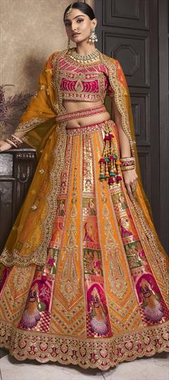 Bridal, Engagement, Wedding Yellow color Lehenga in Silk fabric with Flared Embroidered, Sequence, Thread, Weaving, Zari work : 1940996