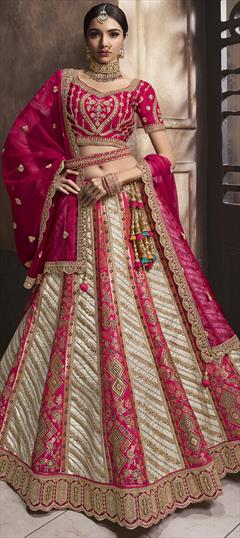 Bridal, Engagement, Wedding Pink and Majenta, White and Off White color Lehenga in Silk fabric with Flared Embroidered, Sequence, Thread, Weaving, Zari work : 1940998