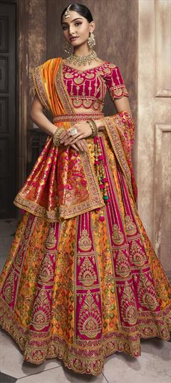 Bridal, Engagement, Wedding Pink and Majenta, Yellow color Lehenga in Silk fabric with Flared Embroidered, Sequence, Thread, Weaving, Zari work : 1941004