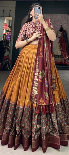Festive, Party Wear, Reception Yellow color Lehenga in Tussar Silk fabric with Flared Foil Print, Printed work : 1941025