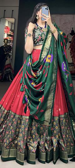 Festive, Party Wear, Reception Red and Maroon color Lehenga in Tussar Silk fabric with Flared Foil Print, Printed work : 1941026