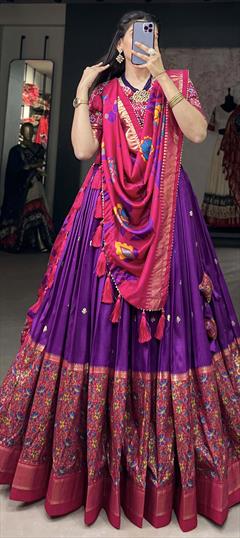 Festive, Party Wear, Reception Purple and Violet color Lehenga in Tussar Silk fabric with Flared Foil Print, Printed work : 1941029