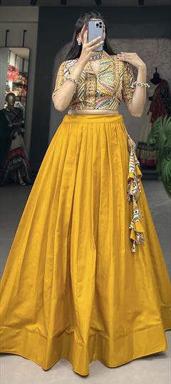 Festive, Reception Yellow color Ready to Wear Lehenga in Cotton fabric with Flared Printed, Sequence, Zari work : 1941037