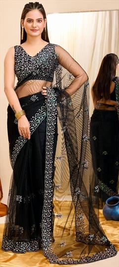 Festive, Party Wear, Reception Black and Grey color Saree in Net fabric with Classic Embroidered, Sequence, Thread work : 1941070