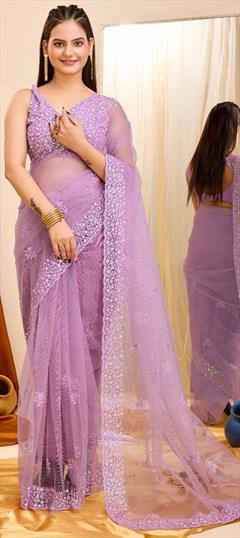Festive, Party Wear, Reception Purple and Violet color Saree in Net fabric with Classic Embroidered, Sequence, Thread work : 1941071