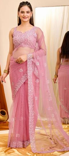 Festive, Party Wear, Reception Pink and Majenta color Saree in Net fabric with Classic Embroidered, Sequence, Thread work : 1941072