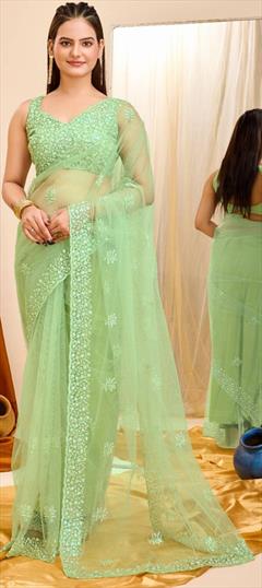 Festive, Party Wear, Reception Green color Saree in Net fabric with Classic Embroidered, Sequence, Thread work : 1941073