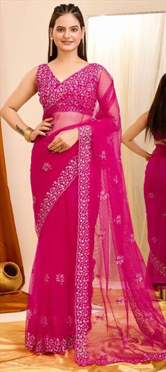 Festive, Party Wear, Reception Pink and Majenta color Saree in Net fabric with Classic Embroidered, Sequence, Thread work : 1941074