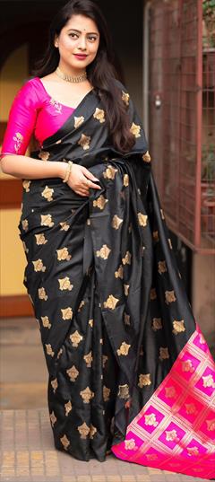 Party Wear, Traditional Black and Grey, Pink and Majenta color Saree in Chanderi Silk fabric with South Weaving work : 1941100