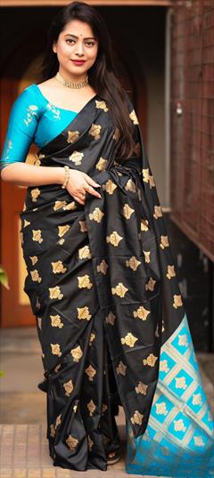 Party Wear, Traditional Black and Grey, Blue color Saree in Chanderi Silk fabric with South Weaving work : 1941101