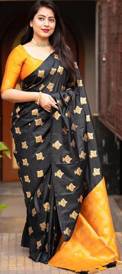 Party Wear, Traditional Black and Grey, Yellow color Saree in Chanderi Silk fabric with South Weaving work : 1941102