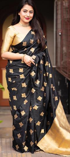 Party Wear, Traditional Beige and Brown, Black and Grey color Saree in Chanderi Silk fabric with South Weaving work : 1941103