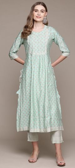Summer Green color Salwar Kameez in Muslin fabric with Straight Floral, Printed, Thread work : 1941104