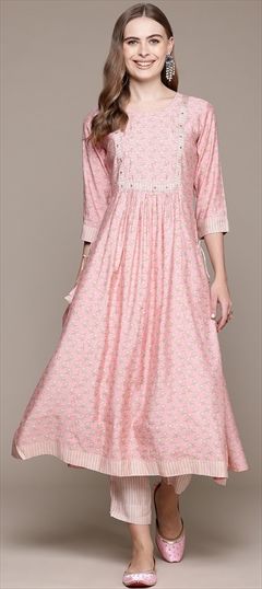 Summer Pink and Majenta color Salwar Kameez in Muslin fabric with Straight Floral, Printed, Thread work : 1941105