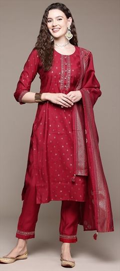 Festive, Summer Red and Maroon color Salwar Kameez in Muslin fabric with Straight Embroidered, Foil Print, Sequence, Thread, Zari work : 1941106