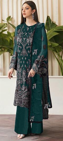 Festive, Reception Blue color Salwar Kameez in Georgette fabric with Pakistani, Palazzo Embroidered, Sequence work : 1941112