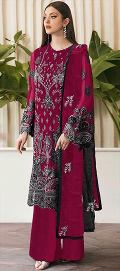 Festive, Reception Pink and Majenta color Salwar Kameez in Georgette fabric with Pakistani, Palazzo Embroidered, Sequence work : 1941115