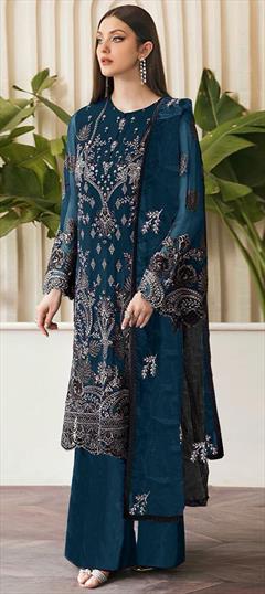 Festive, Reception Blue color Salwar Kameez in Georgette fabric with Pakistani, Palazzo Embroidered, Sequence work : 1941118