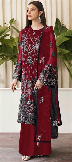 Festive, Reception Red and Maroon color Salwar Kameez in Georgette fabric with Pakistani, Palazzo Embroidered, Sequence work : 1941119