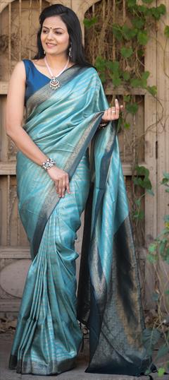 Party Wear, Traditional Blue color Saree in Art Silk fabric with South Weaving work : 1941149