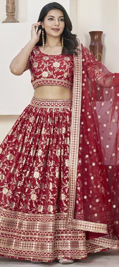 Bridal, Wedding Red and Maroon color Lehenga in Jacquard fabric with Flared Embroidered, Sequence, Zari work : 1941167
