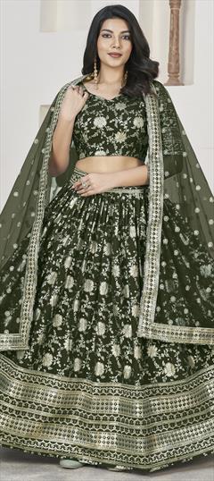 Bridal, Wedding Green color Lehenga in Jacquard fabric with Flared Embroidered, Sequence, Zari work : 1941170