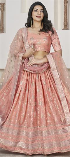Bridal, Wedding Pink and Majenta color Lehenga in Jacquard fabric with Flared Embroidered, Sequence, Zari work : 1941174