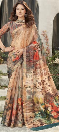 Party Wear, Traditional Beige and Brown color Saree in Cotton fabric with Bengali Floral, Printed work : 1941220
