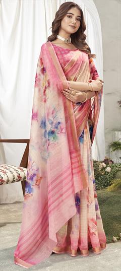 Party Wear, Traditional Pink and Majenta color Saree in Cotton fabric with Bengali Floral, Printed work : 1941225