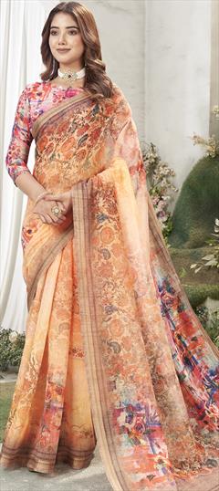 Party Wear, Traditional Beige and Brown color Saree in Cotton fabric with Bengali Floral, Printed work : 1941226