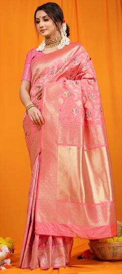 Reception, Traditional Pink and Majenta color Saree in Kanchipuram Silk fabric with South Weaving, Zari work : 1941239