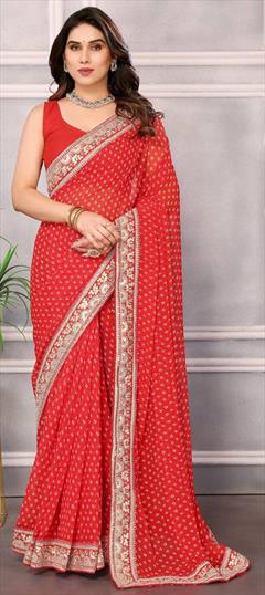 Bollywood Red and Maroon color Saree in Georgette fabric with Classic Bandhej, Embroidered, Printed, Thread work : 1941251