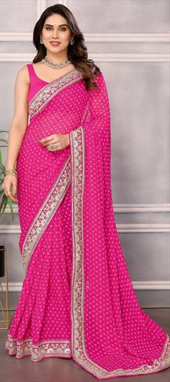 Bollywood Pink and Majenta color Saree in Georgette fabric with Classic Bandhej, Embroidered, Printed, Thread work : 1941252