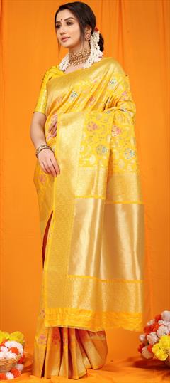 Reception, Traditional Yellow color Saree in Kanchipuram Silk fabric with South Weaving, Zari work : 1941253