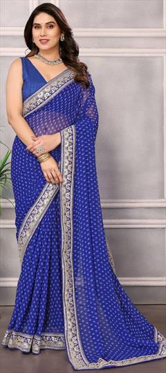 Bollywood Blue color Saree in Georgette fabric with Classic Bandhej, Embroidered, Printed, Thread work : 1941254