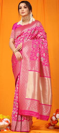 Reception, Traditional Pink and Majenta color Saree in Kanchipuram Silk fabric with South Weaving, Zari work : 1941255