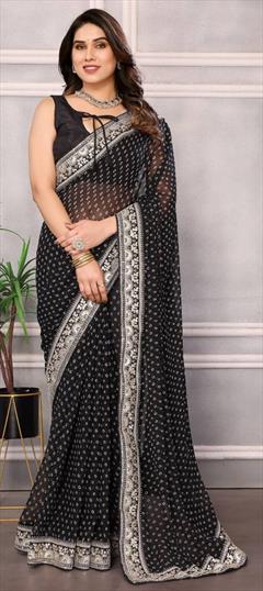 Bollywood Black and Grey color Saree in Georgette fabric with Classic Bandhej, Embroidered, Printed, Thread work : 1941256