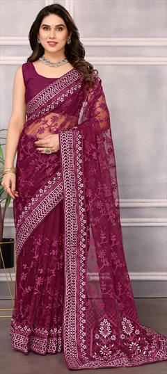 Bollywood, Festive, Reception Pink and Majenta color Saree in Net fabric with Classic Embroidered, Resham, Thread work : 1941269