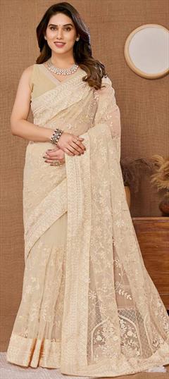 Bollywood, Festive, Reception Beige and Brown color Saree in Net fabric with Classic Embroidered, Resham, Thread work : 1941270