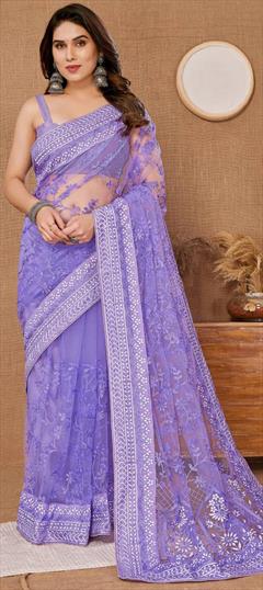 Bollywood, Festive, Reception Purple and Violet color Saree in Net fabric with Classic Embroidered, Resham, Thread work : 1941271