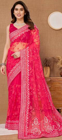 Bollywood, Festive, Reception Pink and Majenta color Saree in Net fabric with Classic Embroidered, Resham, Thread work : 1941273