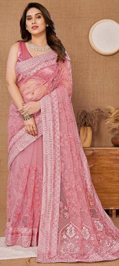Bollywood, Festive, Reception Pink and Majenta color Saree in Net fabric with Classic Embroidered, Resham, Thread work : 1941274