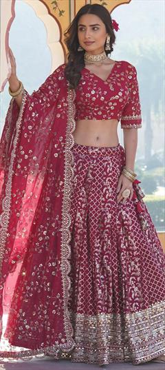 Bridal, Wedding Pink and Majenta color Lehenga in Viscose fabric with Flared Embroidered, Sequence work : 1941289