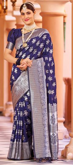 Festive, Traditional Blue color Saree in Blended fabric with Bengali Weaving work : 1941309