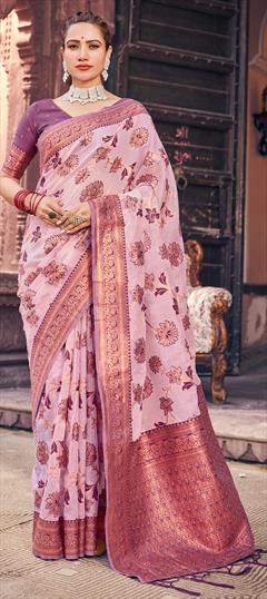 Festive, Traditional Purple and Violet color Saree in Silk cotton fabric with Bengali Weaving work : 1941310