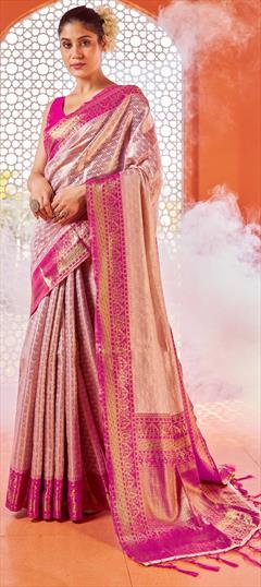 Festive, Traditional Pink and Majenta color Saree in Blended fabric with Bengali Weaving work : 1941311