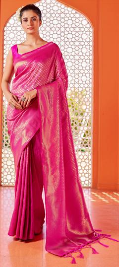 Festive, Traditional Pink and Majenta color Saree in Blended fabric with Bengali Weaving work : 1941312