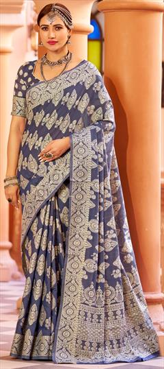 Festive, Traditional Blue color Saree in Silk cotton fabric with Bengali Weaving work : 1941313