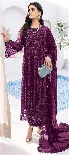 Festive, Party Wear, Reception Purple and Violet color Salwar Kameez in Organza Silk fabric with Pakistani, Straight Embroidered, Resham, Sequence, Thread work : 1941322
