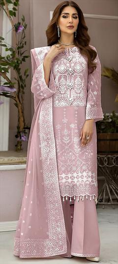 Festive, Reception Pink and Majenta color Salwar Kameez in Organza Silk fabric with Pakistani, Palazzo, Straight Embroidered, Thread work : 1941331